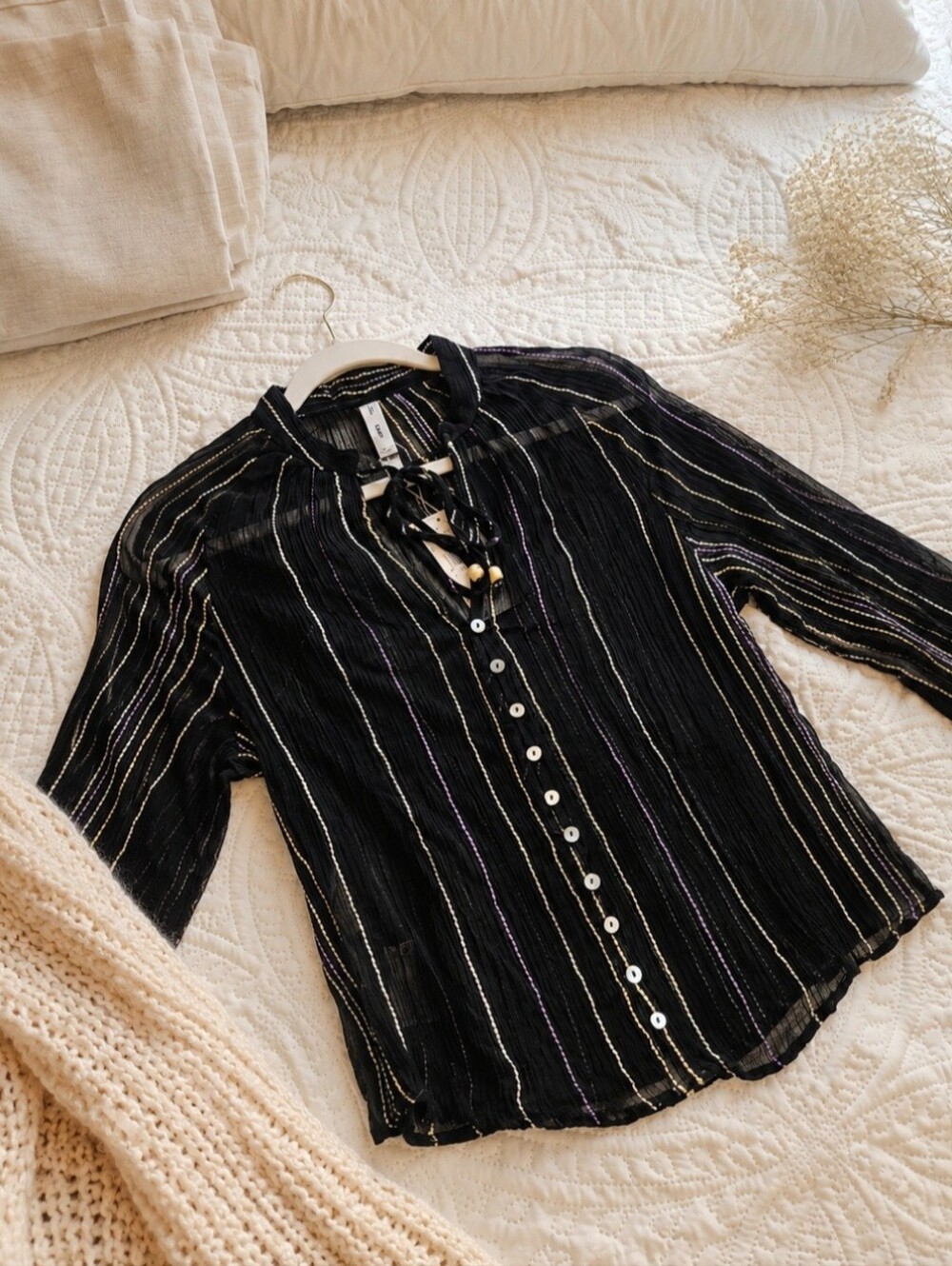 Mango Black Sheer -Striped Tie-Neck Blouse Small